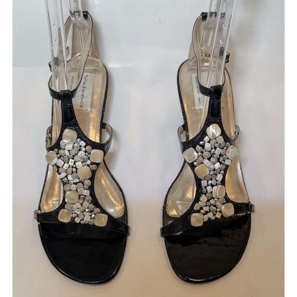 AJ Valenci Built for Comfort Black Patent Beaded T Strap Wedge Sandals 10M